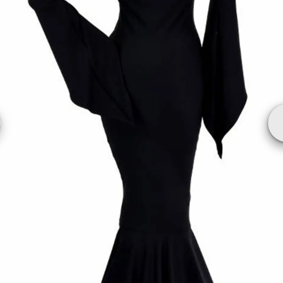 Morticia V-Neck Gown in Black Zen with Long Pixie Sleeves and Puddle Train + Wig - Picture 3 of 6